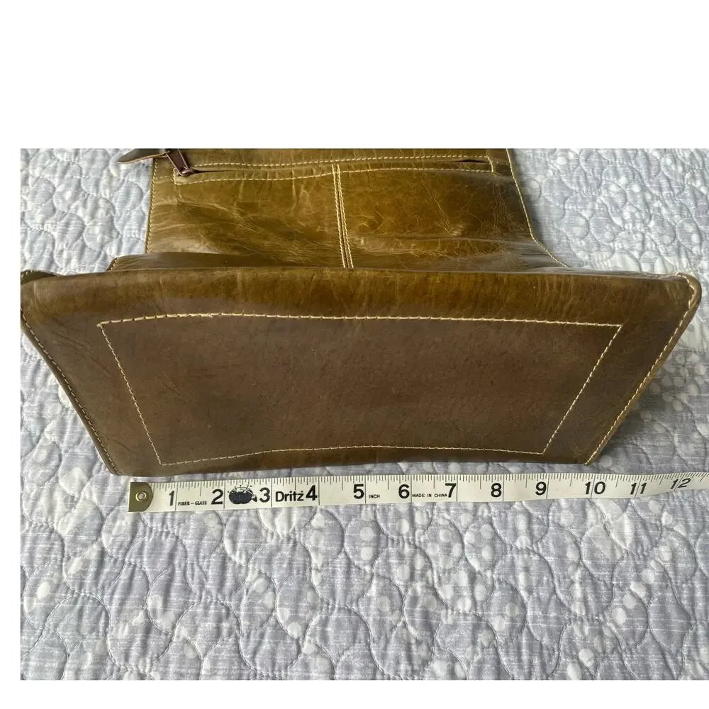 Crab Compass Vintage Barganza Lined Leather Tote Bag Pockets Brown 13